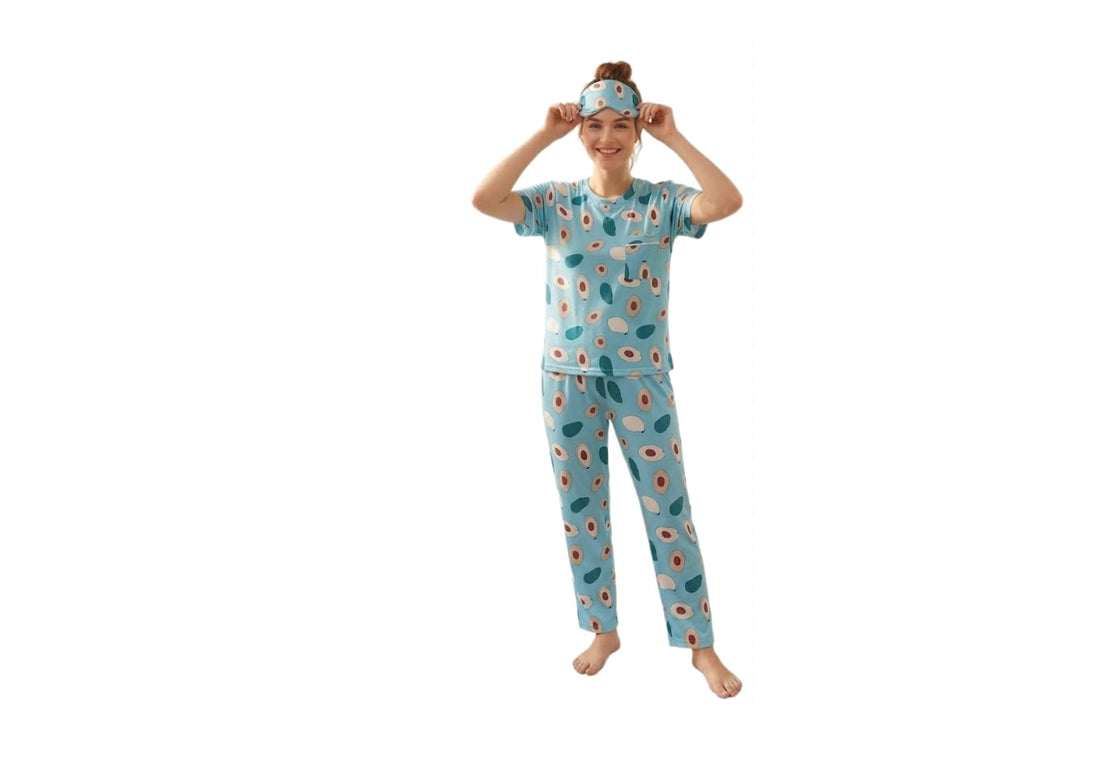 Women Summer Pajama Set 2 Pieces (Half Sleeve T-Shirt & Long Pants) Comfortable Soft Patterns for Daily Use and Sleep, Summer Light Material with Stylish Sleep Glasses