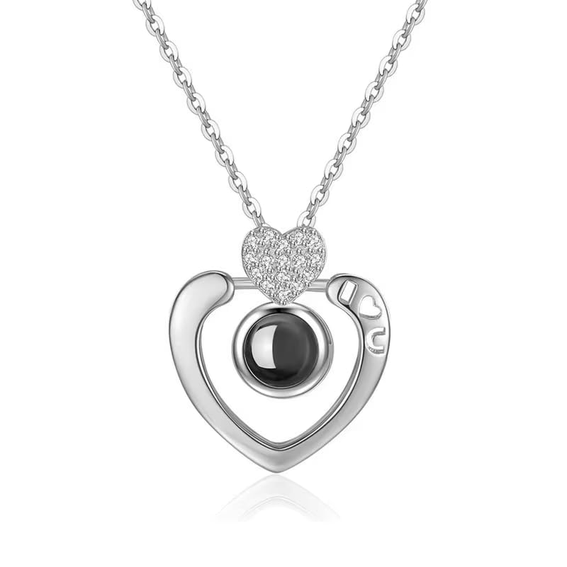 Retro Heart 925 Sliver 100 Languages I Love You Projection Pendant Couple Necklace For Lovers 2023 Trendy Couple Romantic Jewelry (Silver)
