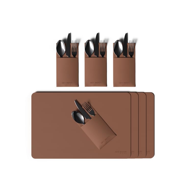 ART MOOD HOME Leather Placemats and Cover Holder - Set of 4 Placemats, 4 Cover Holders Durable for Dinner Plate, Dining Table Havan 45W x 30L and 10W x 17L CM
