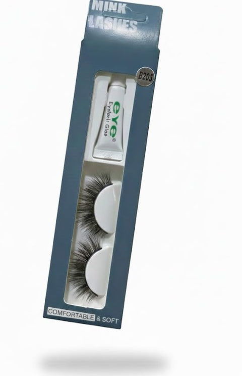 1 Pair Handmade Natural Soft False Eyelashes Fake Eye Lash Glue Included | Long-lasting | Voluminous Eyelashes | Dramatic Lash Look | Easy Application (1 Pair Eyelash + Glue)-B203