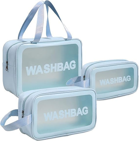Wayfare Clear Toiletry Bags, Waterproof Travel Washbags with Zipper, 3-Pack Set in Different Sizes (Blue, 3 Pack)