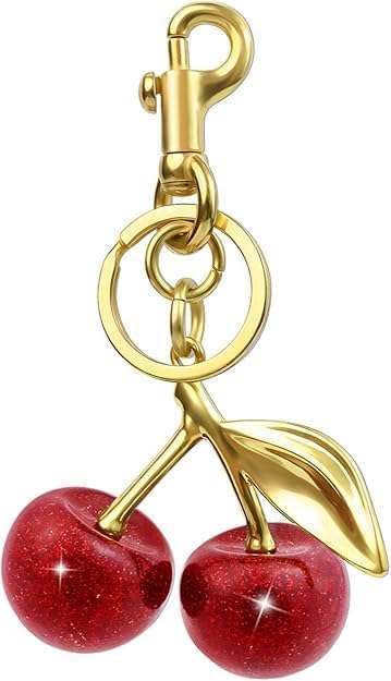 Cherry Medallion Purse Metal Keychain Accessory with Key Rings and Clip Bag Extender Chain Sparkling Resin Charms for Women Purses Bags Handbags Wallets Backpacks