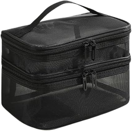 Double Layer Cosmetic Bag | Transparent Mesh Cosmetic Carrying Bag,Large Capacity Travel Cosmetic Bags with Handles for Women Hair Accessories Cosmetics Toiletry Supplies (black)
