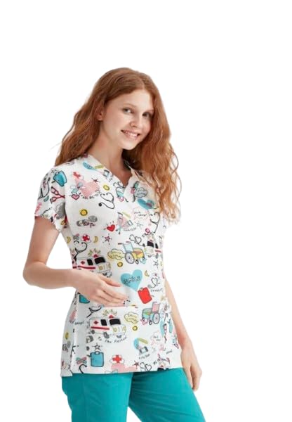 First Aid Hospital Medical Scrub printed Hospital Medical Scrub unisex-dental - Surgical scrubTop only -Short Sleevs - Doctor Scrub -Medical Uniform (BLUE, Size XS)