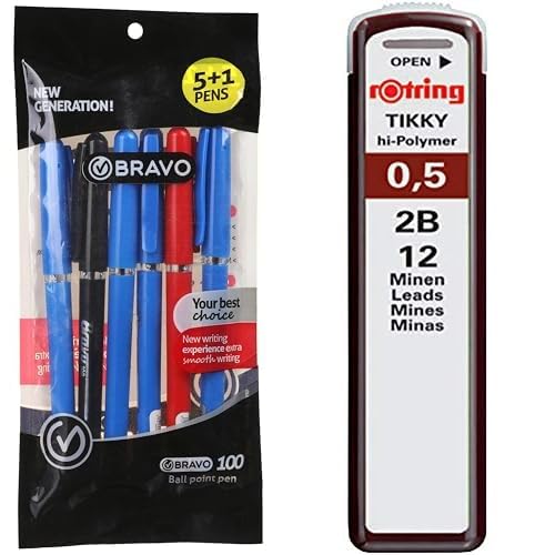 Bravo Stationery Bundle: 100 Ballpoint Pen 6-Pack + Rotring Tikky Leads 0.5mm 2B