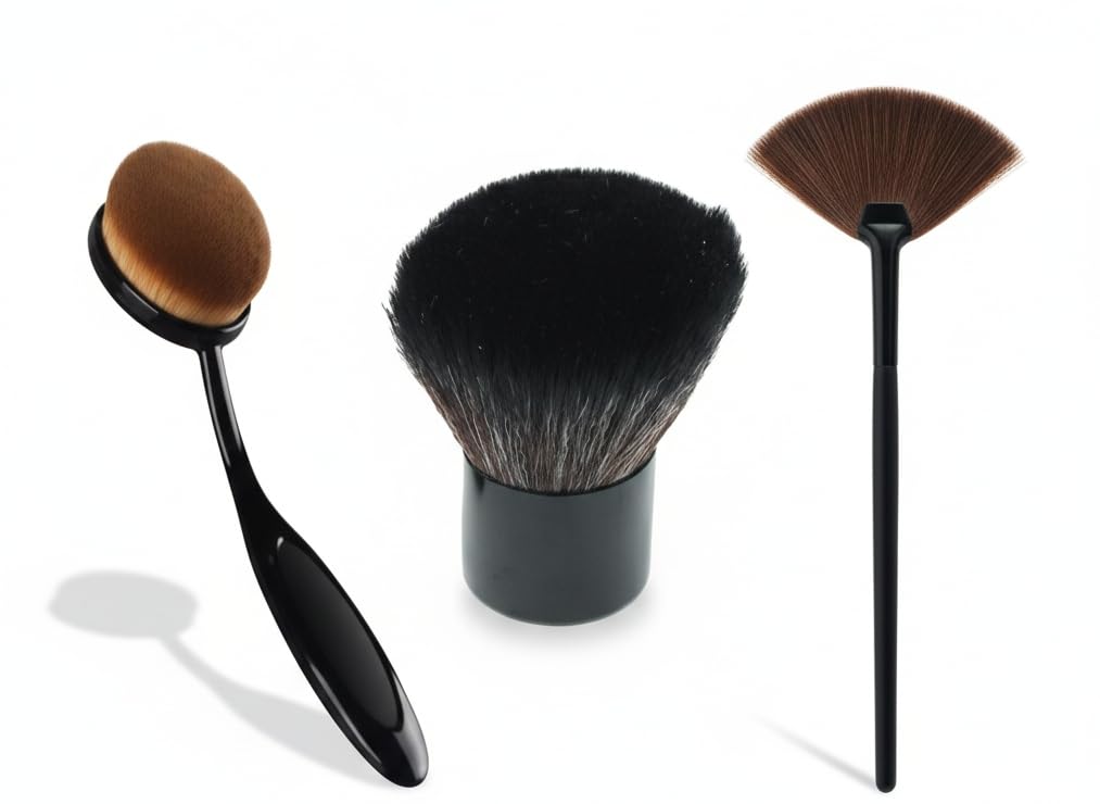 Makeup Brush Set, 3 Piece, Black Handle, Oval Foundation Brush, Kabuki Brush, Fan Brush