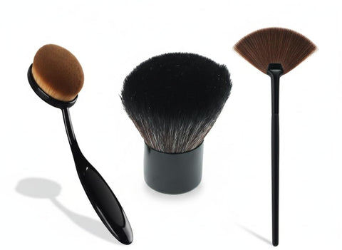Makeup Brush Set, 3 Piece, Black Handle, Oval Foundation Brush, Kabuki Brush, Fan Brush