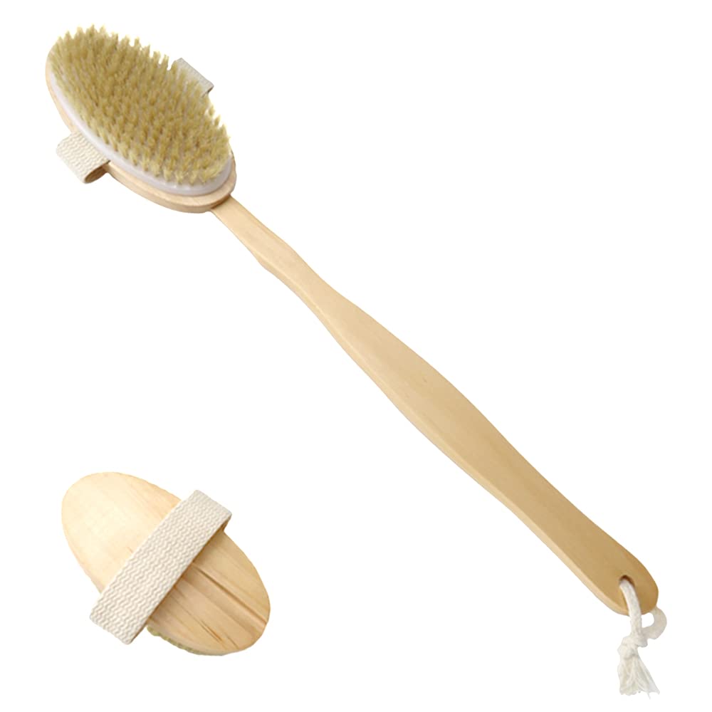 Shower Brush, Shower Body Exfoliating Brush, Bath Back Cleaning Scrubber with Long Wooden Handle, Dry or Wet Skin Exfoliator Brush with Detachable Long Handle to Easily Exfoliate Skin