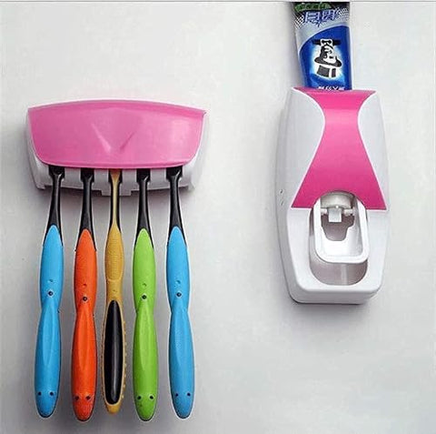 Flamingo Automatic Toothpaste Dispenser and Toothbrush Holder, 5 Hole, Multicolor, Adult, Wall Mounted, Plastic, Painted
