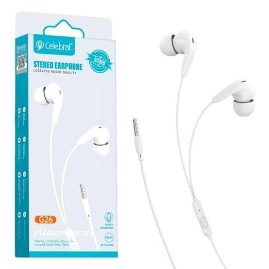 Celebrt G26 3.5mm Stereo Wired Earbuds, In-Ear Wired Earphones with Microphone G26 Pure Sound HiFi Comfortable to Wear (White)