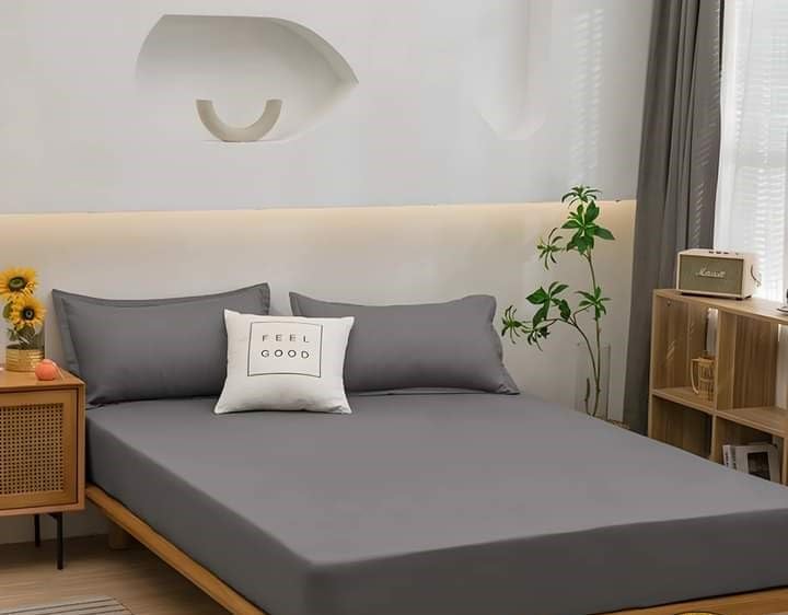 Elhamad 3 Piece Cotton Elastic Sheet Set Suitable for Home, Hotels and Touristic Villages 1 Fitted Sheet with 2 Pillow Cover 50x70 (Grey, Queen 140x200cm)