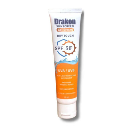 Drakon Sunscreen Gel-Cream Dry touch SPF 50+ UVA,UVB & Blue Light Protection, Water Resistant & Antioxidant for All Skin Types especially for oily & combined Skin - 60 gm