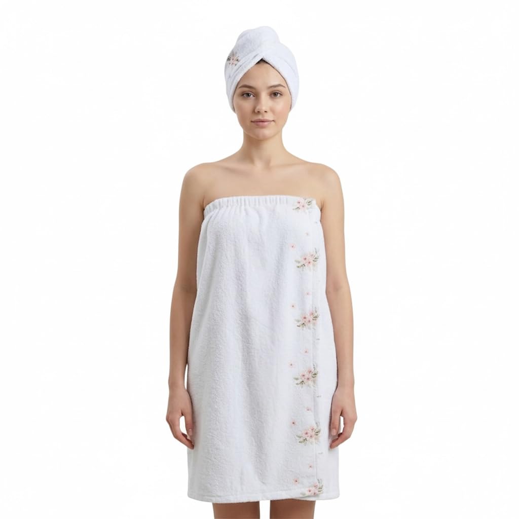 Women’s Bath wrap Set with Shower Cap – Soft Feminine Design – Suitable for Daily Use (rose print) (White)