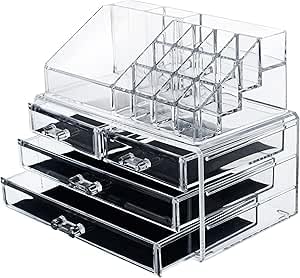 Clear Acrylic Makeup Organiser Set, 4-Drawer Storage Box with Jewellery Compartments,Acrylic Cosmetic Organizer with Drawers – Transparent Storage Case for Makeup, Brushes & Jewelry