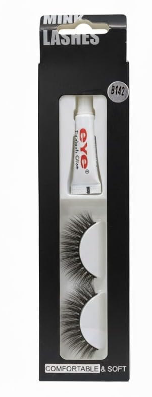 1 Pair Handmade Natural Soft False Eyelashes Fake Eye Lash Glue Included | Long-lasting | Voluminous Eyelashes | Dramatic Lash Look | Easy Application (1 Pair Eyelash + Glue)-B142
