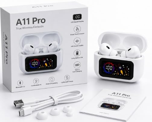 A11 Pro Wireless Earbuds Bluetooth 5.3 – Wireless Bluetooth Headphones with Digital Display, Smart Touch, HD Audio for Android and iPhone