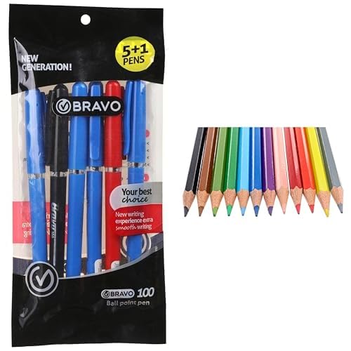 Bravo Stationery Bundle: 100 Ballpoint Pen 6-Pack + Faber-Castell Wood Color Pencils 12-Pack