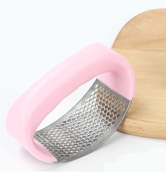 Garlic Press Rocker,Stainless Steel Garlic Presser with Peeler and Cleaning Brush, Garlic Chopper for Smash Garlic Kitchen Gadgets Tools (PINK)
