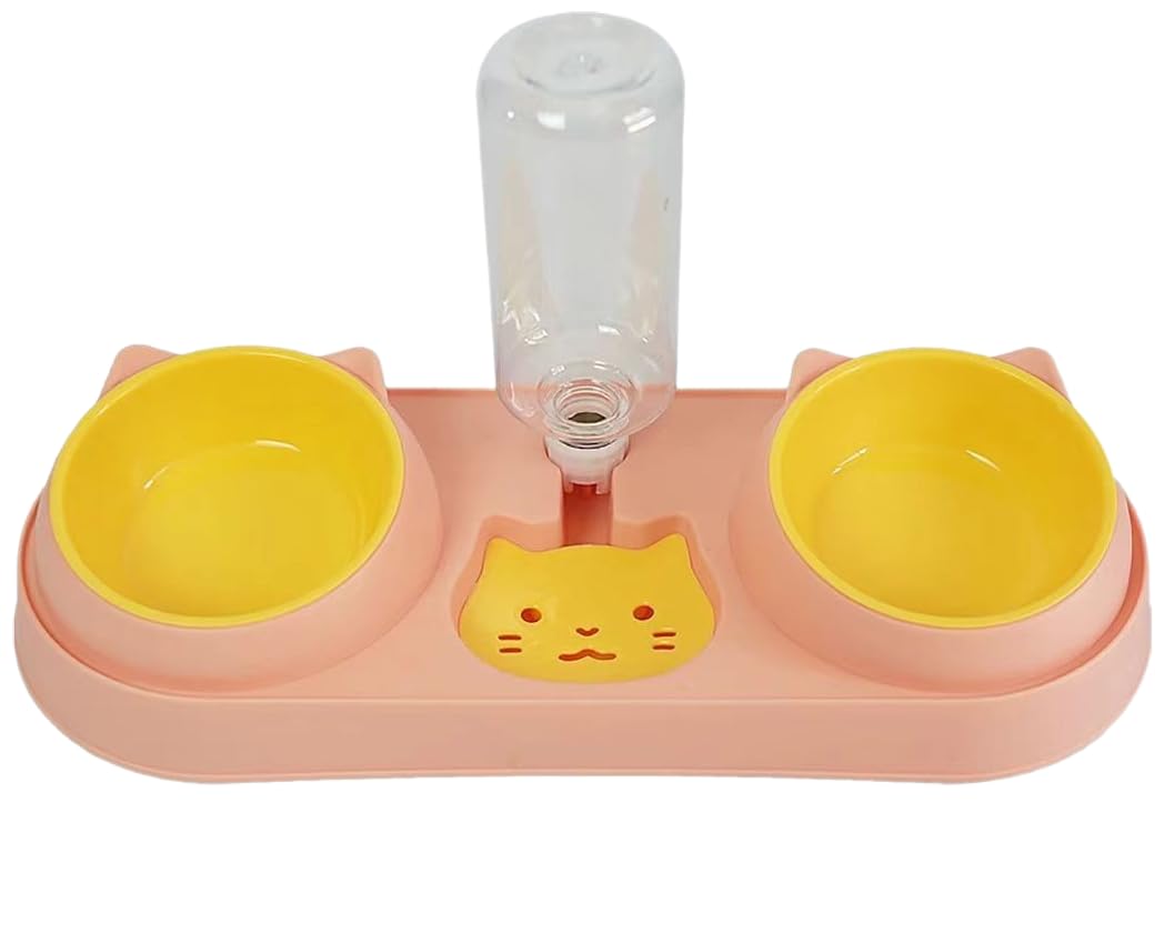 Automatic Cat Dog Food Water Bowl Double Stand with Water Fountain (Pink)