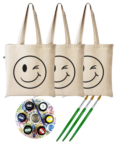 Canvas Tote Bags with Acrylic Paints and Brushes, Natural, Smiley Face Design, Pack of 3, DIY Craft Kit