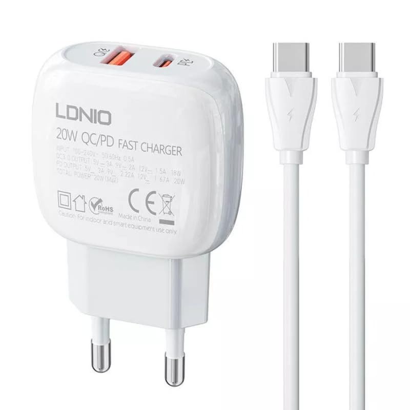LDNIO A2313C Mobile Phone Charger EU Plug With Type C To Type C And USB Type C Cable 18W - White