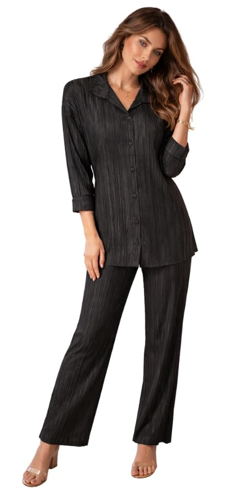Women's Pleated Pleated Reception and Exit Pajama Set Shirt and Pants Black Button Down Sleeve