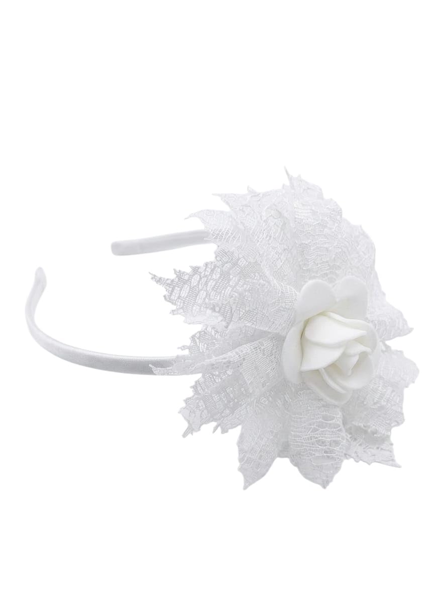 Girls' Lace Bow Headband with Rose Flower, Elegant Hair Accessory for Special Occasions (White)