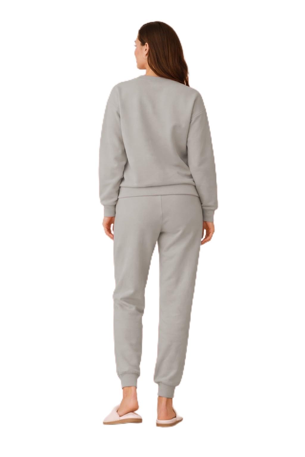 Lavandula Women's Winter Pyjama Set, Soft Cotton, Crewneck Sweatshirt and Jogger Pants, Lotus Logo, Pink and Grey