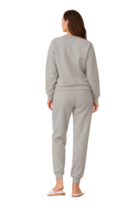Lavandula Women's Winter Pyjama Set, Soft Cotton, Crewneck Sweatshirt and Jogger Pants, Lotus Logo, Pink and Grey