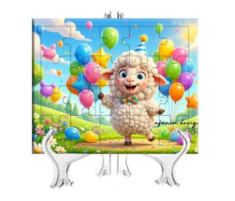 Jigsaw Puzzle with Colorful Balloons, Cute Sheep Party Theme, Kids Decorative Puzzle on Display Stand Size A5