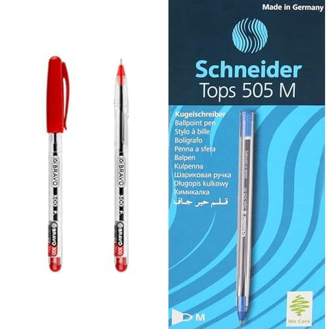 Bravo Stationery Bundle: Ball Pen Red + Schneider Tops Ballpoint Pens Blue 3-Pack