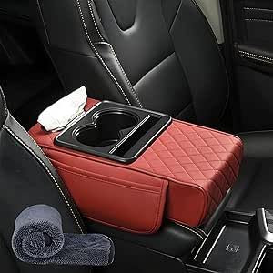 Armrest Pad (Red) Thickened Comfort Pad with Cup Holder and Tissue Holder for Car Console Center Armrest Multi-Color Organizer Bag Double Cup Holders