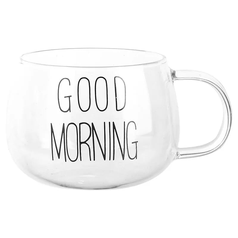 Glass Coffee Mug with Good Morning Text, 400ml Capacity, 8.5cm x 7.5cm
