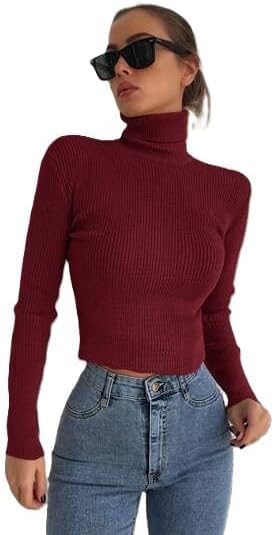 Womens Ribbed High Neck Long Sleeve Blouse Red Green Grey