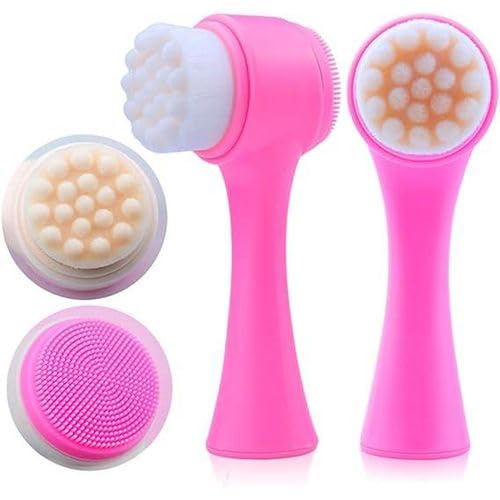 2 in 1 Manual Facial Cleansing Brush, Double Silicone Skin Care Brush for Deep Pore Exfoliation (Fuchsia)