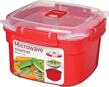Microwave Steamer with Removable Steamer Basket | 1.4 L Small Square Food | Red/Clearسيستيما