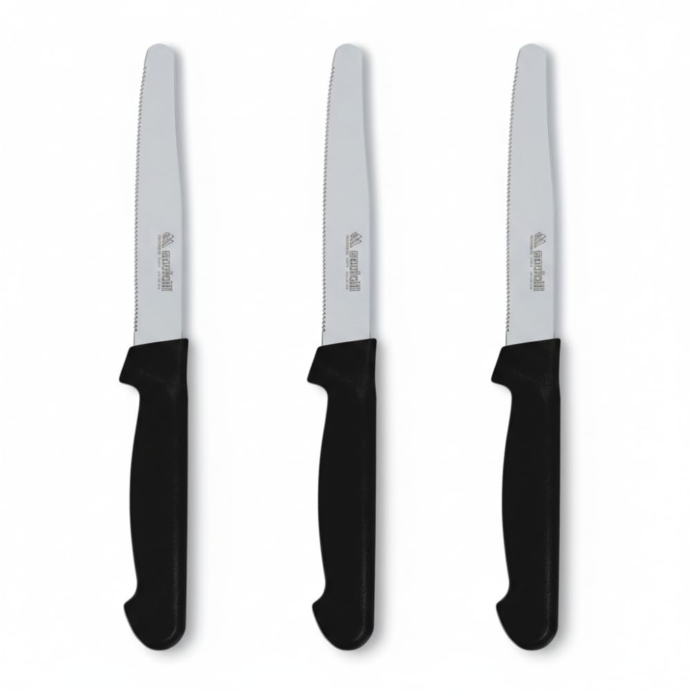 Marietti 3-Piece Professional Steak Knife Set – 11cm Fine Serrated Stainless Steel Blades – Ergonomic Comfort Handle – Rounded Tip Safety Design – Essential Table Cutlery for Home & Restaurant – Black