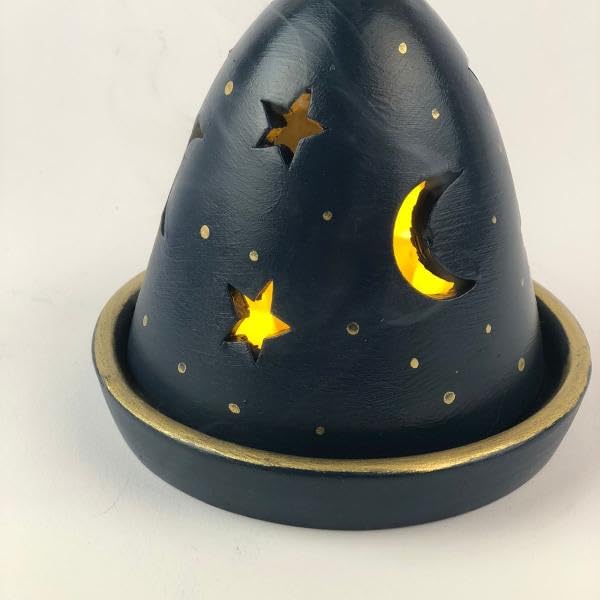 Ceramic Incense Burner, Cone Shape with Moon and Stars Design, Navy Blue with Gold Accents, Celestial Theme