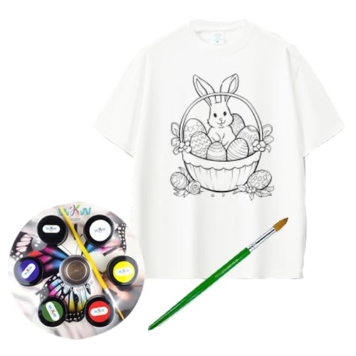 Happy Easter White T-Shirt Colour-In with Fabric Paints and Brush,Happy Easter,Size (M).,