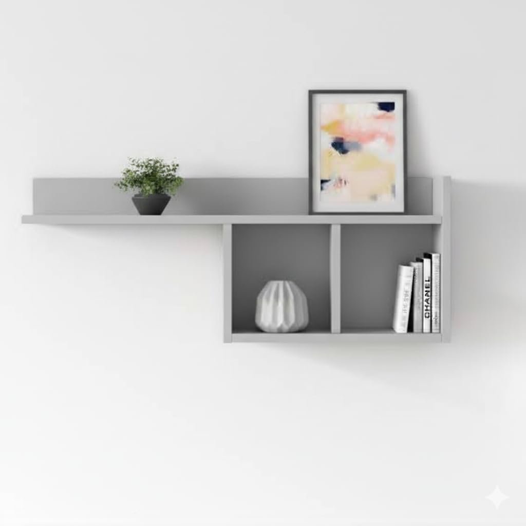 Zohny Home Modern Wall Mounted Floating Shelf with Open Cubes, Wooden Display Storage Rack for Living Room, Bedroom & Entryway, 72x40x17 cm (Gray)