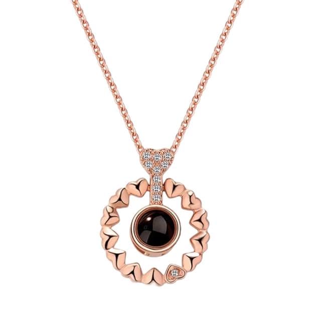 Retro Rounded Hearts 925 Sliver 100 Languages I Love You Projection Pendant Couple Necklace For Lovers 2023 Trendy Couple Romantic Jewelry (Rose Gold)