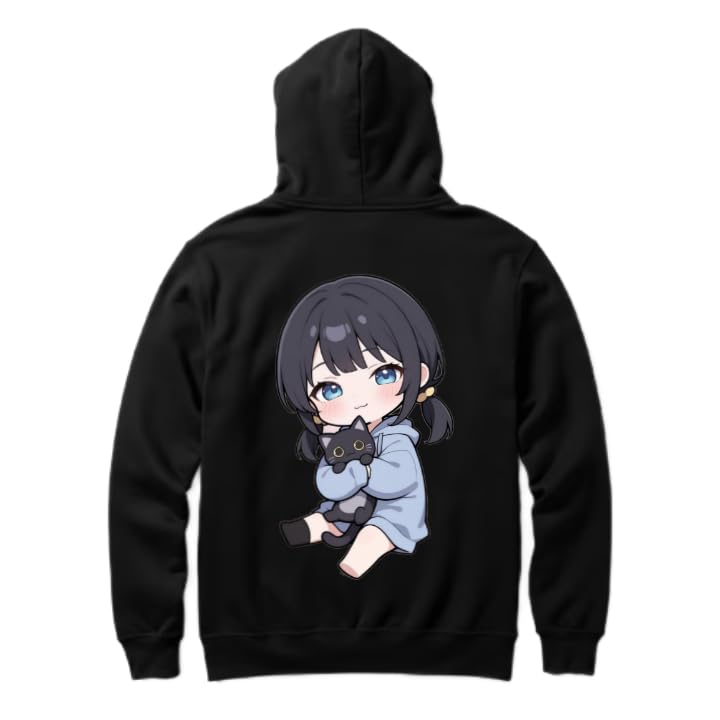 Cute Anime Girl With A Black Cat hoodie back Black