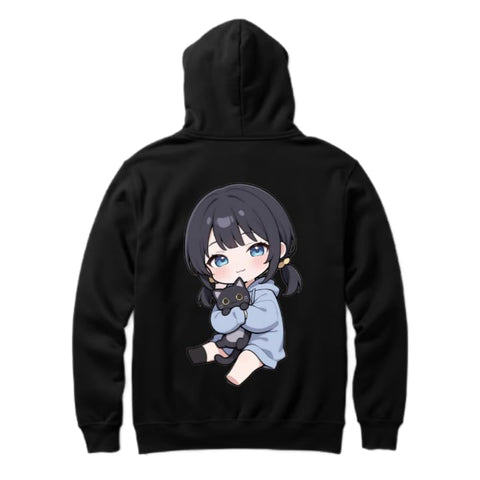 Cute Anime Girl With A Black Cat hoodie back Black