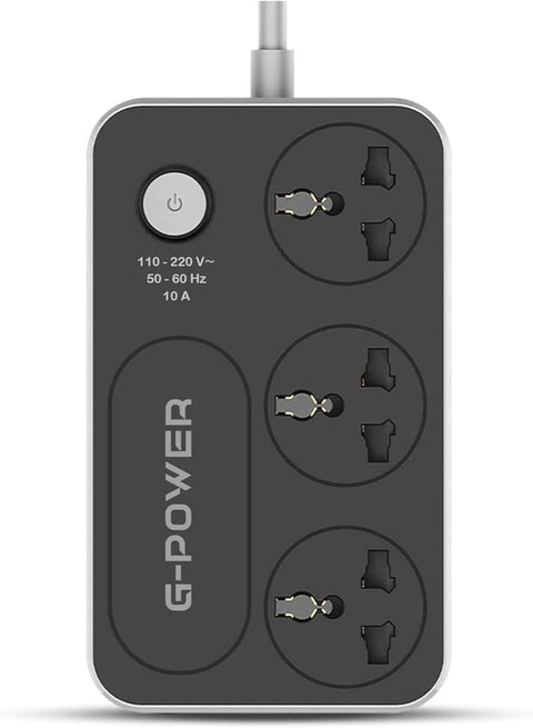 GP344 power strip surge protector 220v with 3 universal international socket and locker 10a - Black Grey