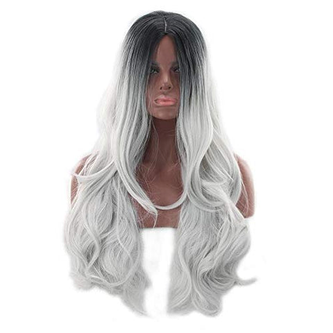 Long Ombre Gray 2 Tones Synthetic Wig Fluffy Curly Hair