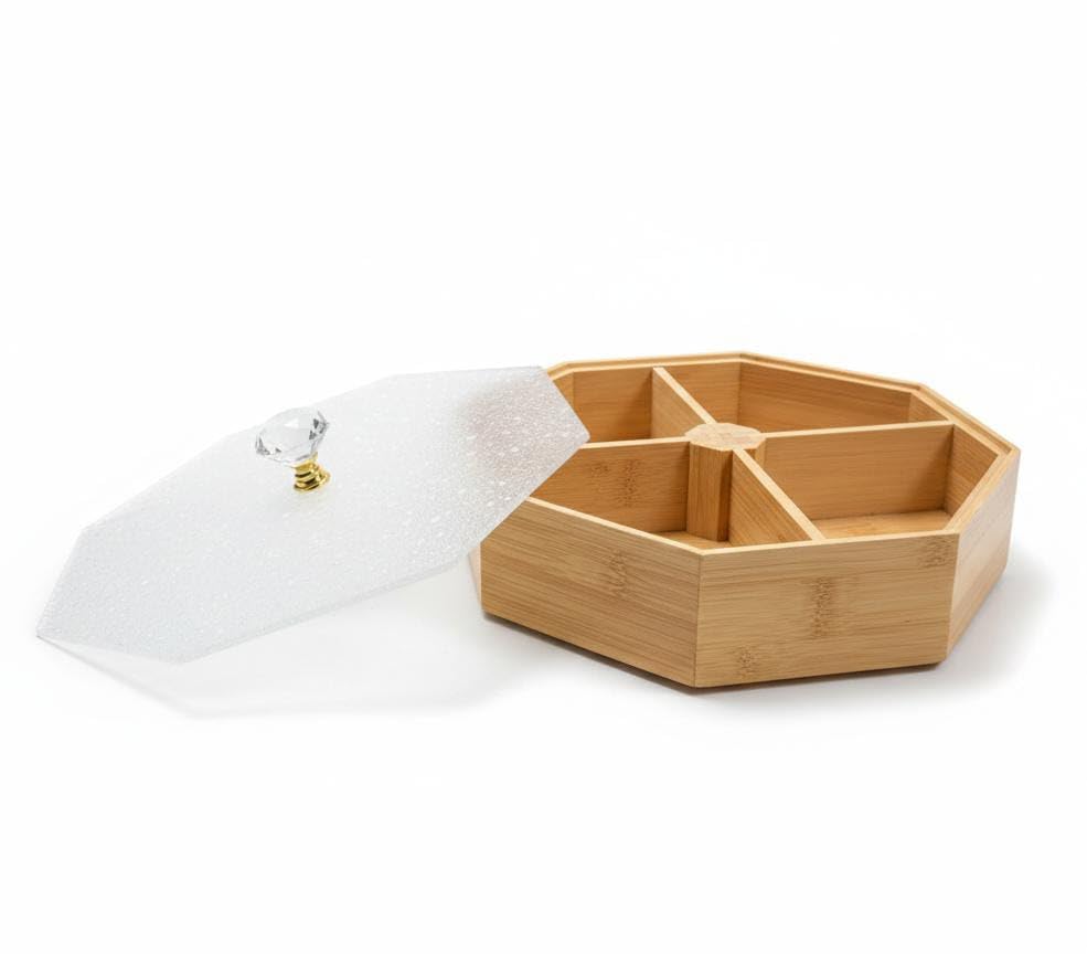 Spaceshoop 360 Rotating Octagonal Bamboo Snack Box with Acrylic Lid Beige Medium