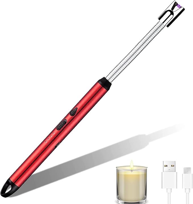 USB Rechargeable Electric Lighter, Flexible Neck, Candle Lighter with LED Display, Red