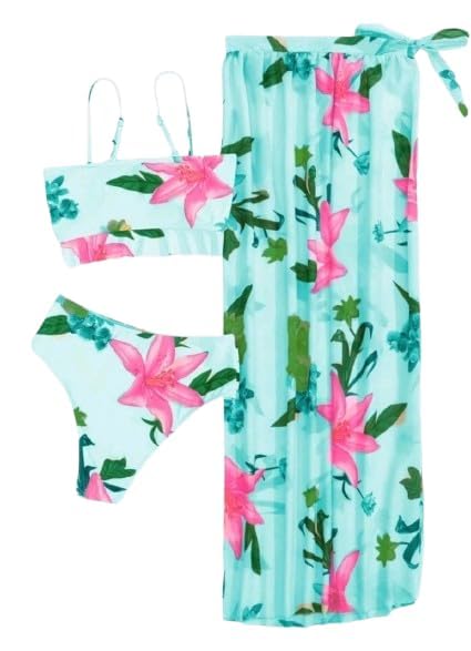 SHEIN-Swim Women's Summer Beach Floral Printed Front Knot Sexy Two-Piece Bikini Set With Cover-Up Skirt, 3pcs