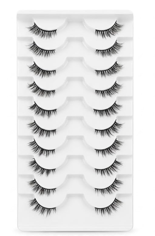 3D Clear Band HALF Lashes 1 Natural Soft Faux Mink Lashes Cat Eye Wispy Short Cross Reusable False EyeLashes 10 Pairs - (N-4)