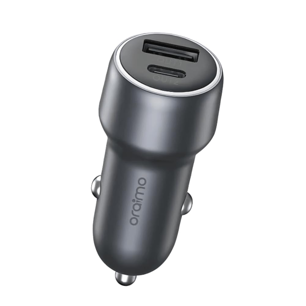 Oraimo OCC-73D Bullet 48W Fast Car Charger — PD & QC 3.0 Support, Dual Port USB-C & USB-A, Compact 12V–24V Universal Vehicle Charger - Dark Gray